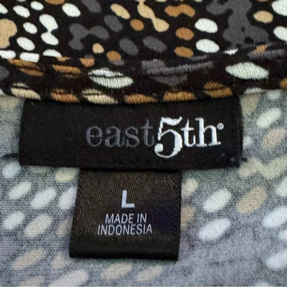 East 5th L Large‎ Shirt Top Gray Brown Abstract 3/4 Sleeve Cowl Neck Stretch - Picture 5 of 6